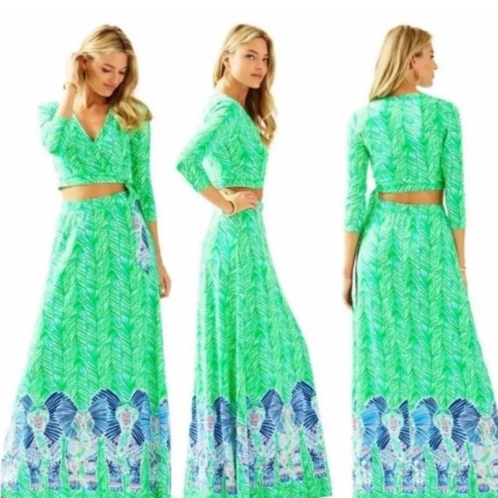 Lilly Pulitzer Toucan Green Leaf Pattern Skirt and wrap top set